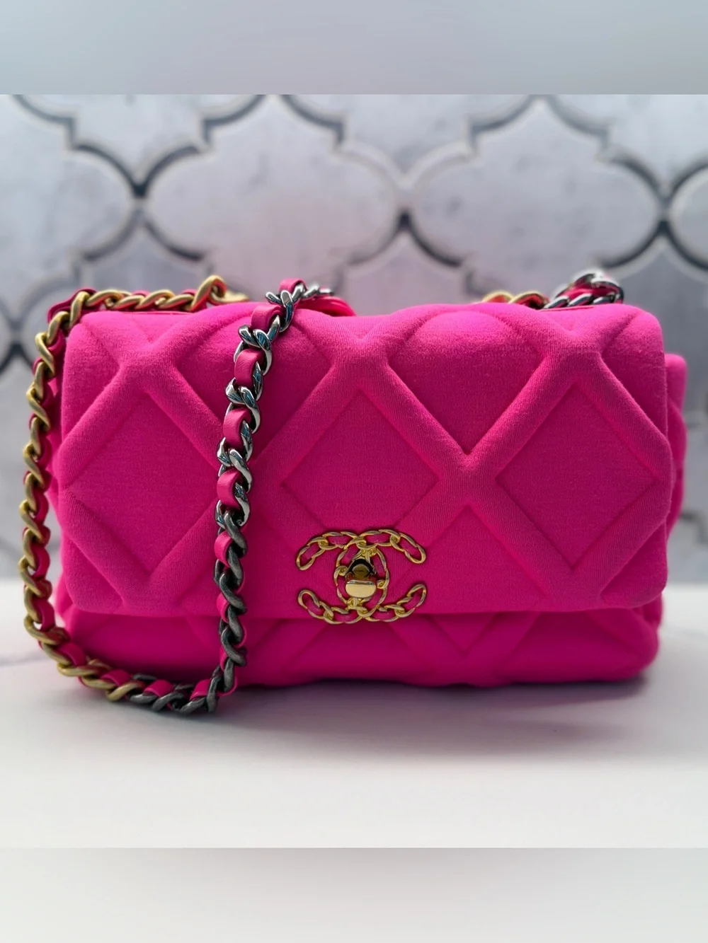 CHANEL Neon Pink Quilted Jersey Maxi 19 Flap Gold Hardware, 2020